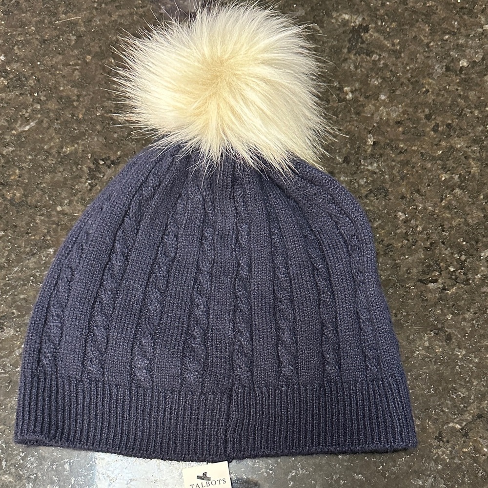 Talbots Dark Blue Cable Knit Beanie with‎ Cream Pom